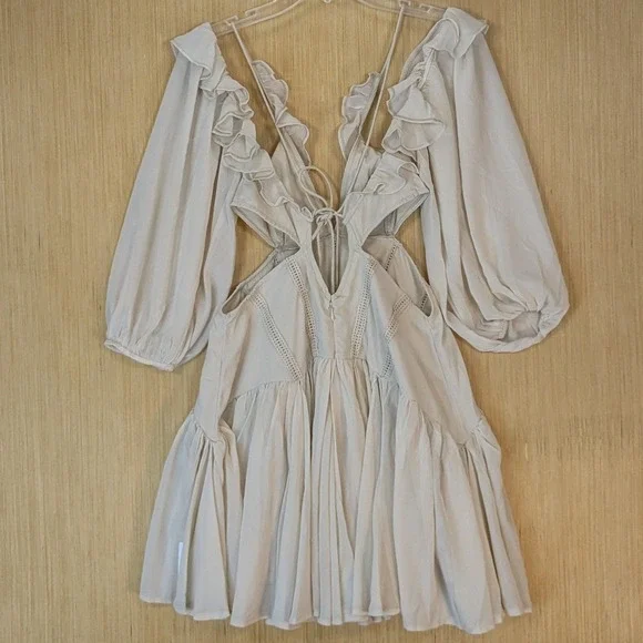 Asos Mini Dress Womens 8 Beige Ruffle Cutout Sheer Fairy Boho Festival Whimsy - Picture 4 of 9